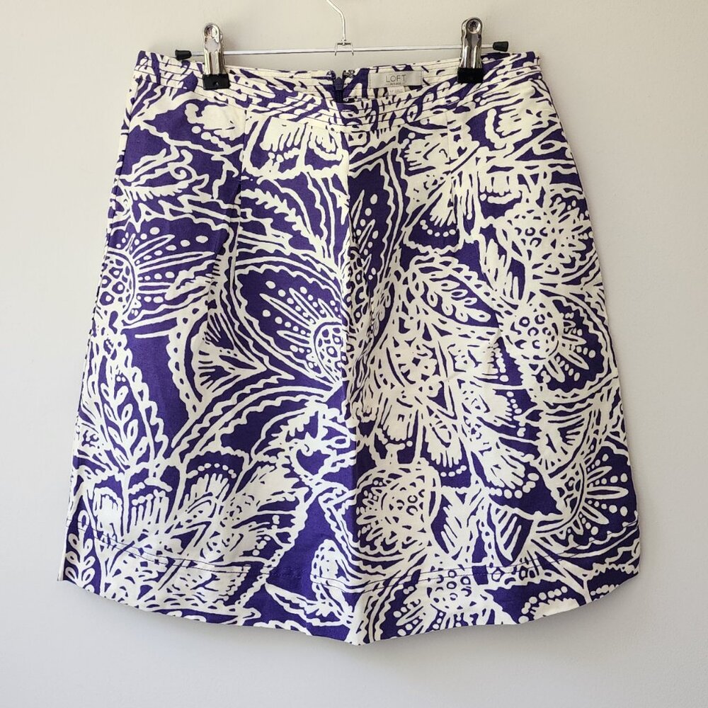LOFT Floral Linen Blend Skirt | 6P | Purple Cream Pleated Zipper Closure NEW